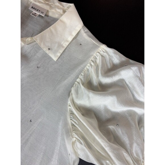 Bailey 44 Sheer Button Down Cream Medium Rhinestones Sparkle Short Puff Sleeve - Picture 6 of 9